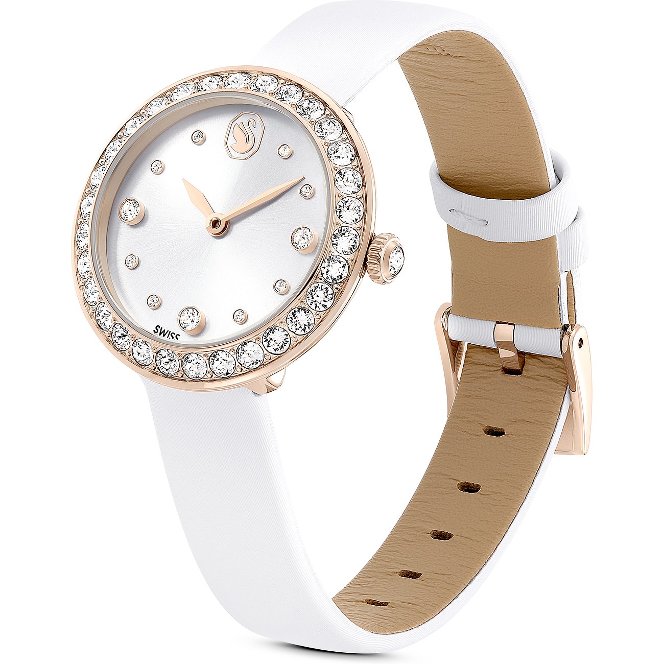 Swarovski Damenuhr mit roségoldfarbenem Gehäuse, weißen Kristallen und weißem Armband.
