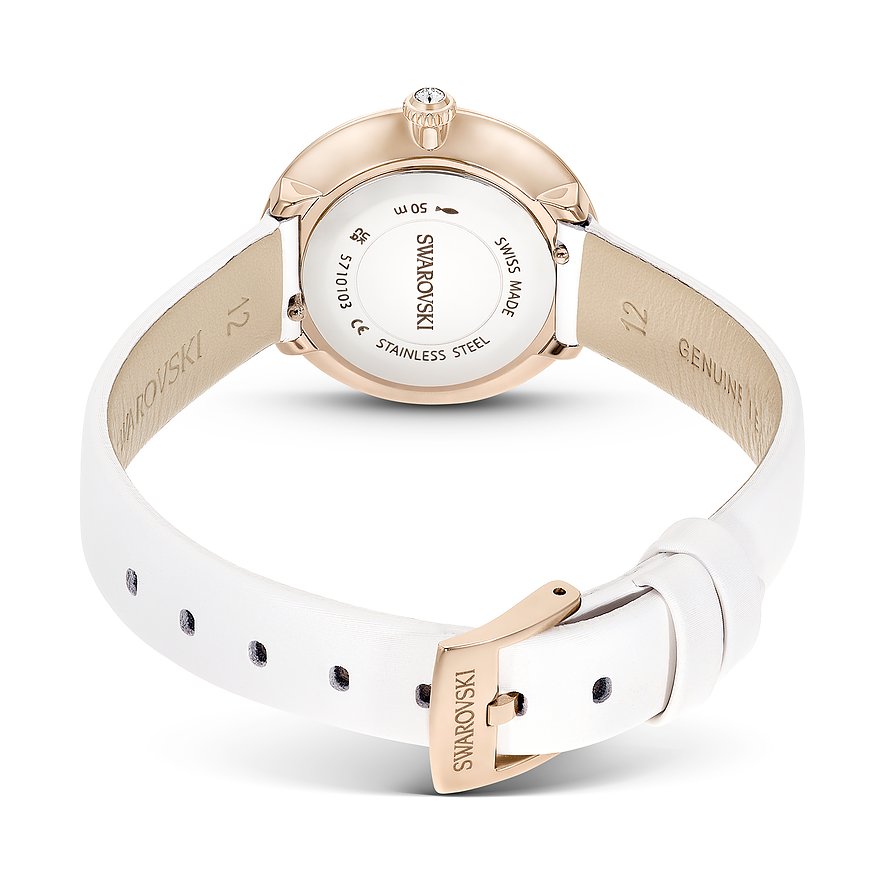 Swarovski Uhr mit rosévergoldetem Metallgehäuse und weißem Armband, mit Kristallen.
