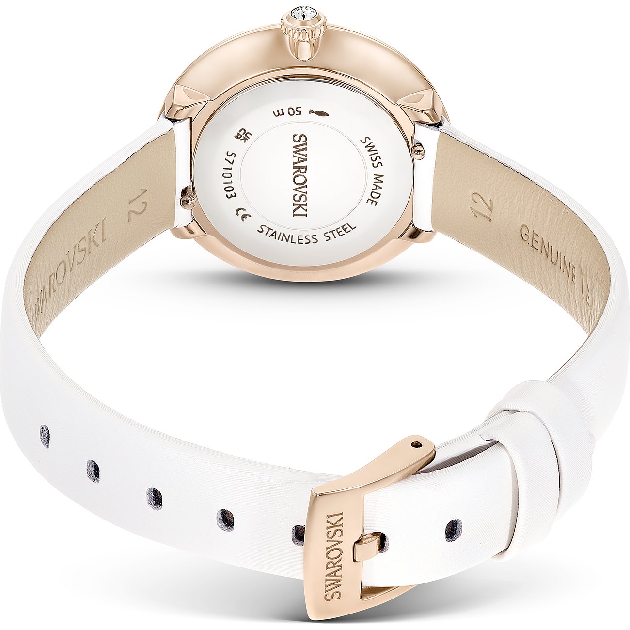 Swarovski Uhr mit rosévergoldetem Metallgehäuse und weißem Armband, mit Kristallen.