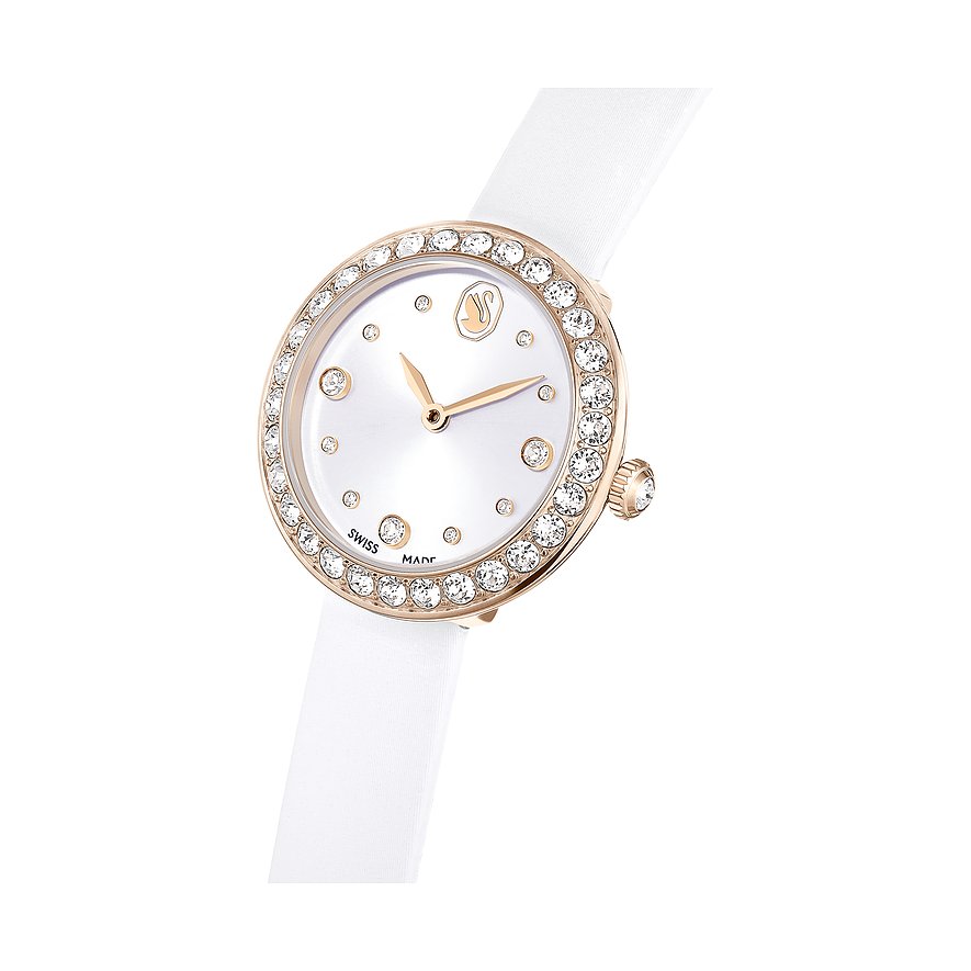 Swarovski Damenuhr mit rosévergoldetem Gehäuse, weißem Zifferblatt und Kristallen.