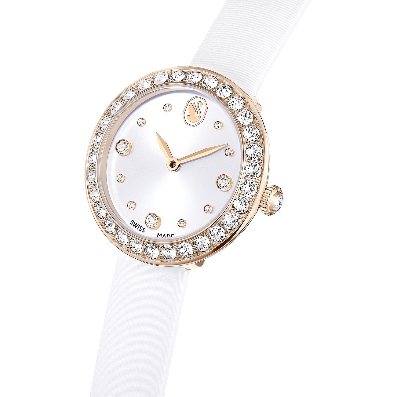 Swarovski Damenuhr mit rosévergoldetem Gehäuse, weißem Zifferblatt und Kristallen.