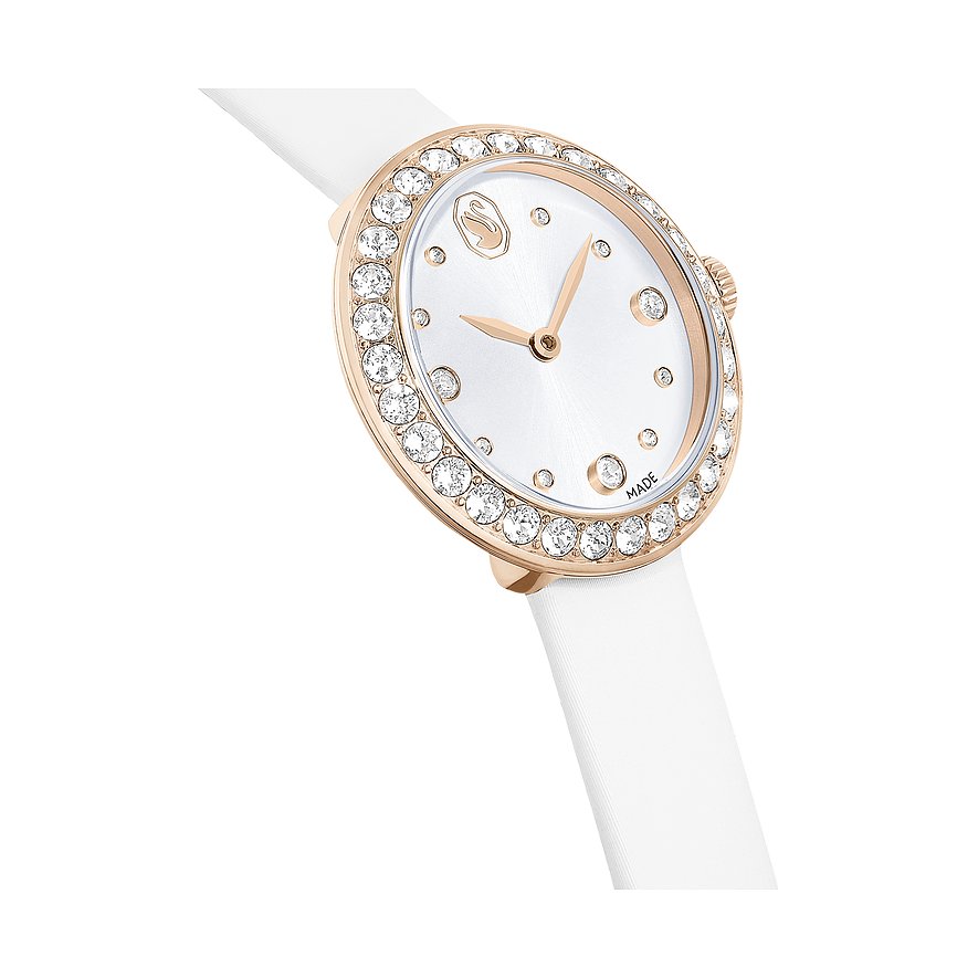 Swarovski Uhr mit roségoldfarbenem Gehäuse, weißem Zifferblatt und Kristallen.