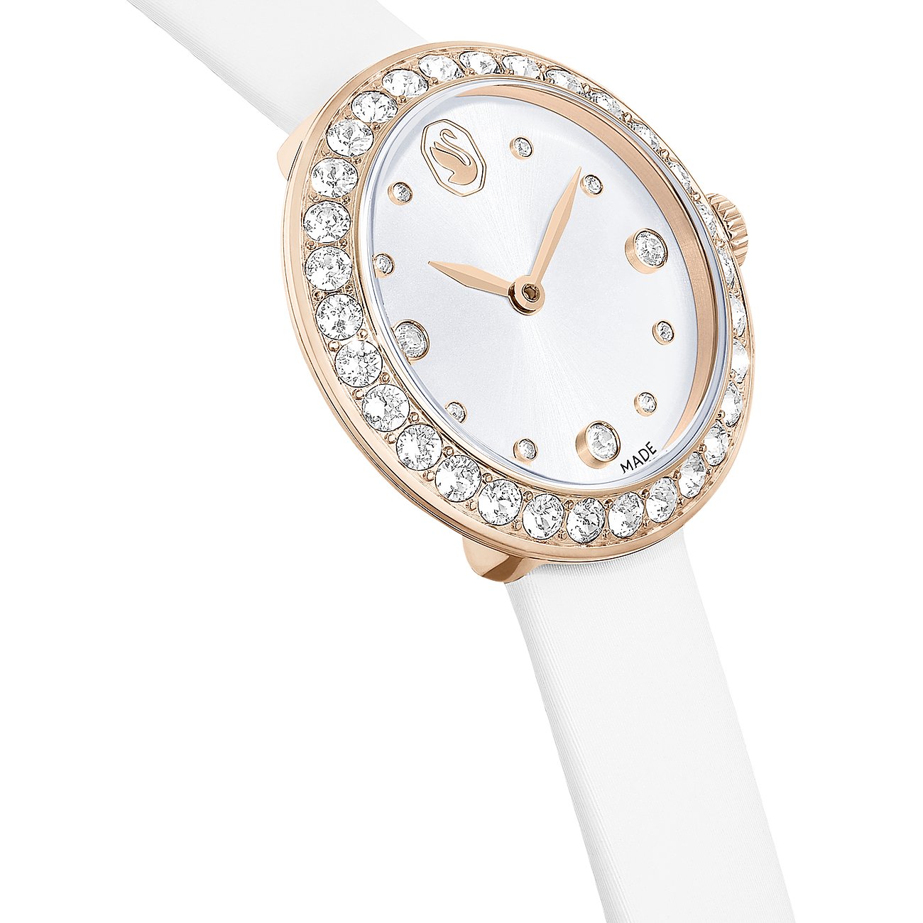 Swarovski Uhr mit roségoldfarbenem Gehäuse, weißem Zifferblatt und Kristallen.
