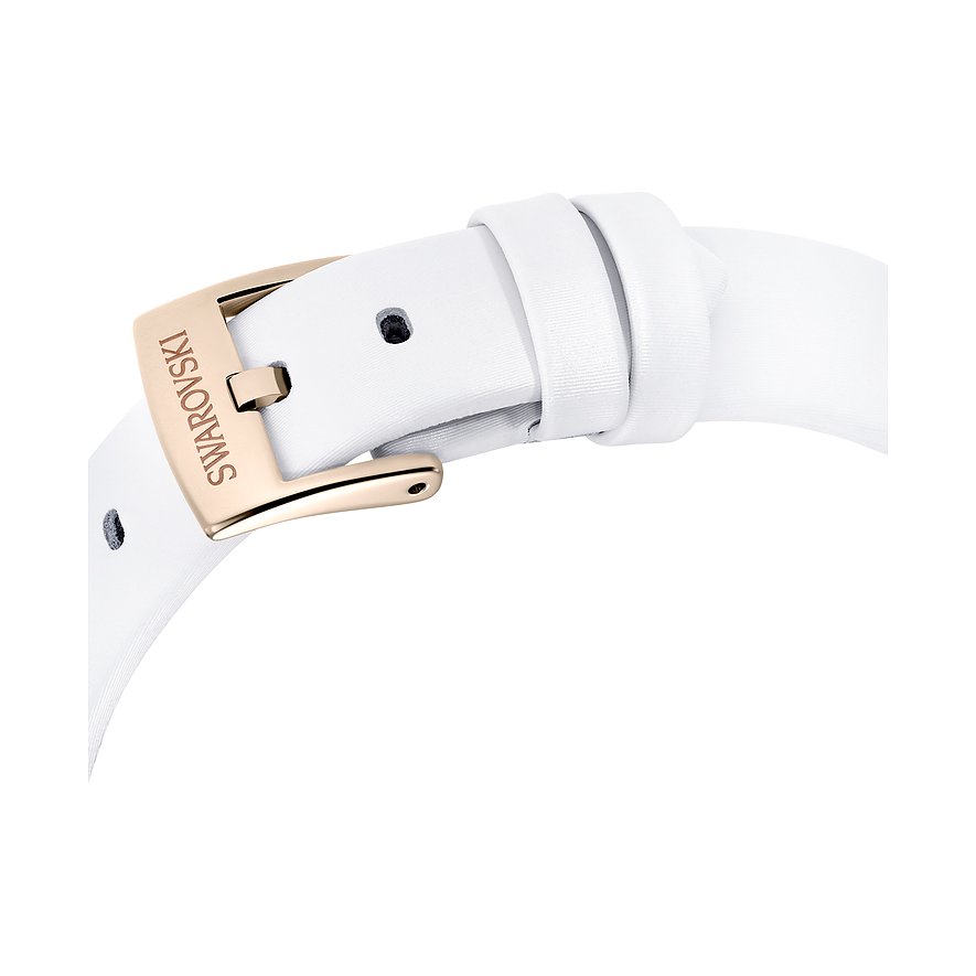 Swarovski Uhr mit roséfarbenem Metallgehäuse und weißem Armband.