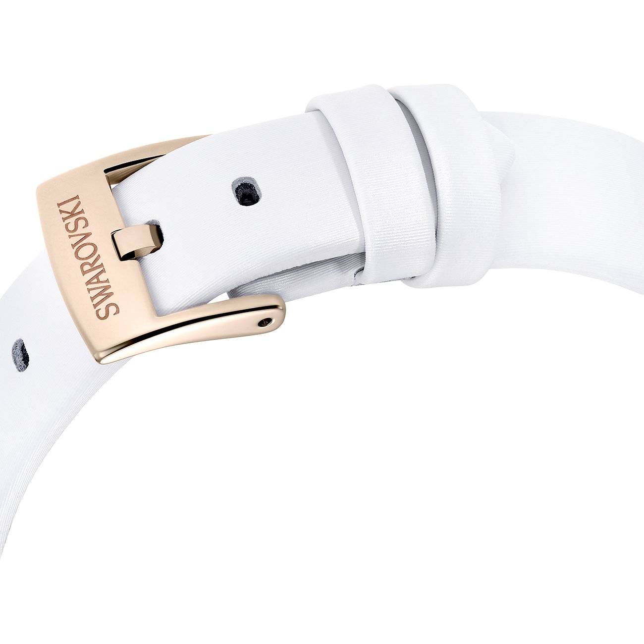 Swarovski Uhr mit roséfarbenem Metallgehäuse und weißem Armband.