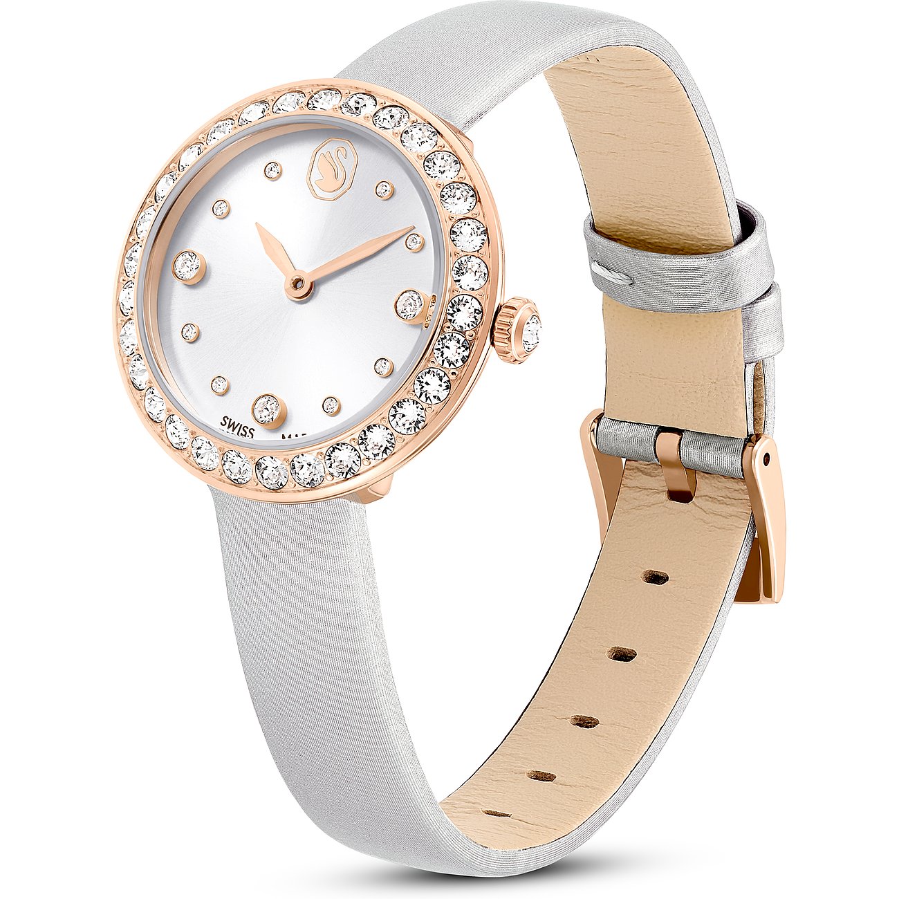 Swarovski Damenuhr mit roségoldfarbenem Gehäuse, weißen Kristallen und weißem Armband.