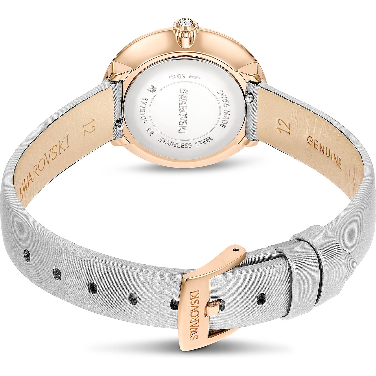 Swarovski Damenuhr mit rosévergoldetem Gehäuse, Kristallbesatz und weißem Armband.