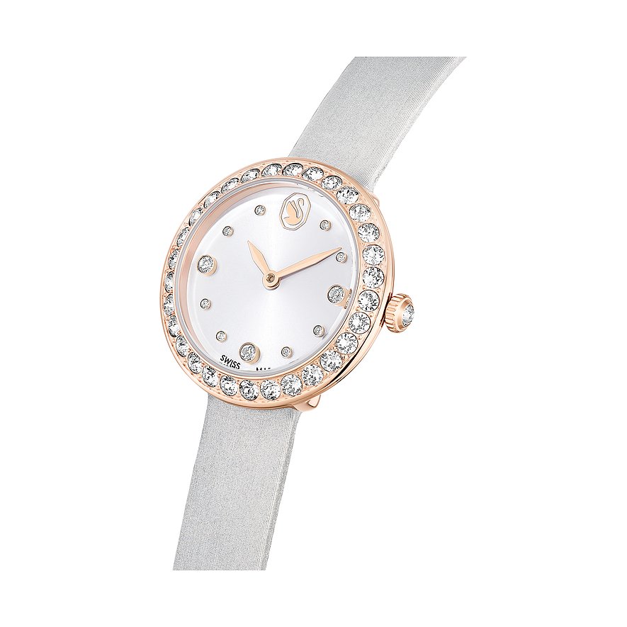 Swarovski Damenuhr mit rosévergoldetem Gehäuse und Kristallen, weißem Zifferblatt.