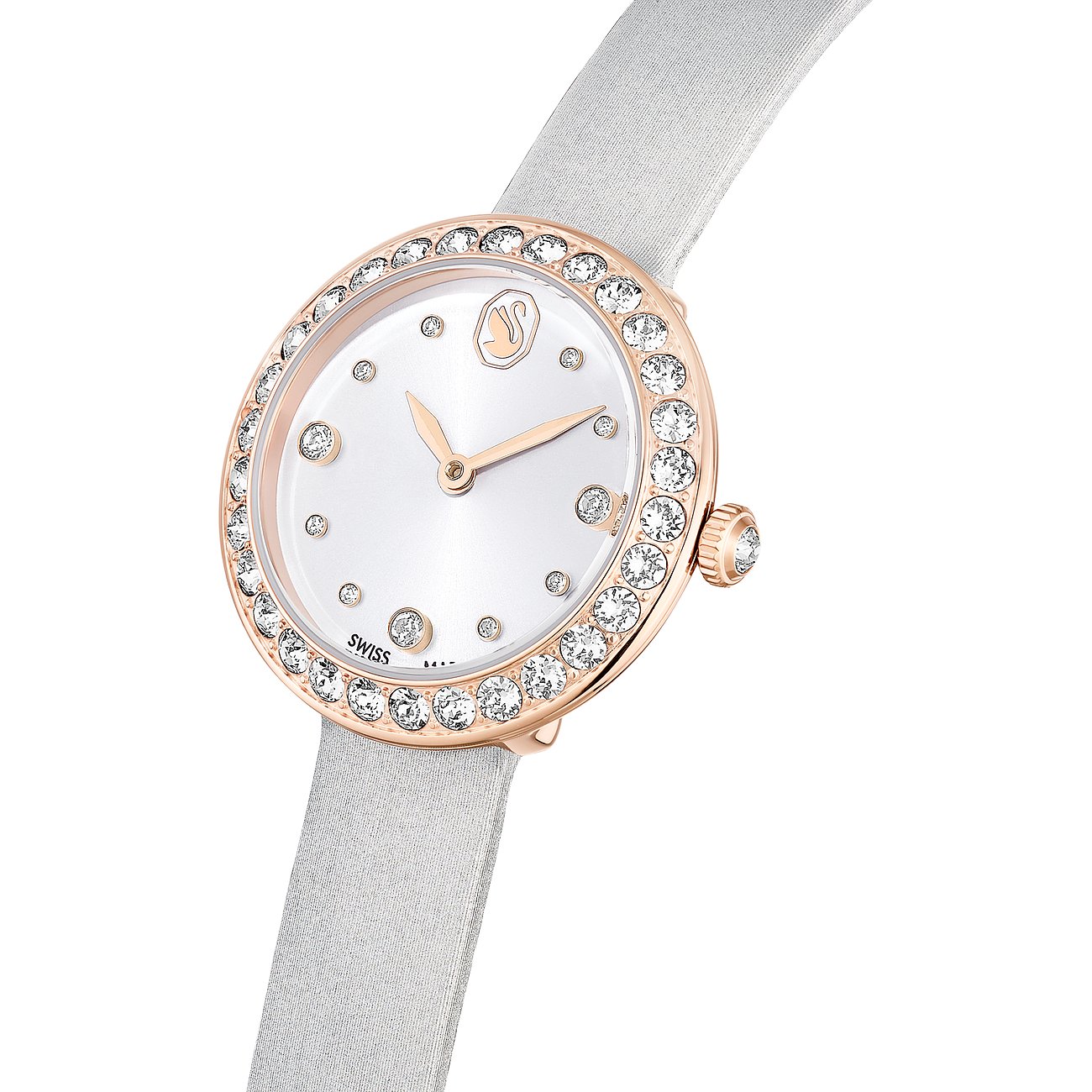 Swarovski Damenuhr mit rosévergoldetem Gehäuse und Kristallen, weißem Zifferblatt.