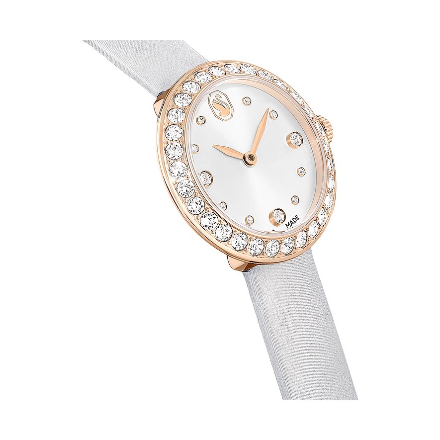 Swarovski Damenuhr mit roségoldfarbenem Gehäuse, besetzt mit Kristallen.