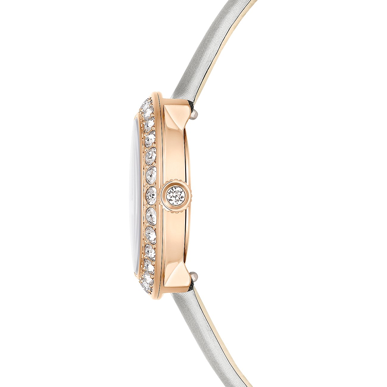 Swarovski Damenuhr mit roséfarbenem Gehäuse und Kristallen, silberfarbenes Armband.