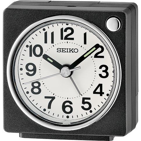 Seiko analoge Weckeruhr mit Kunststoffgehäuse und weißem Zifferblatt.