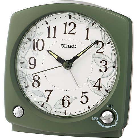 Seiko Wecker mit Kunststoffgehäuse und analoger Anzeige mit Blattmuster.
