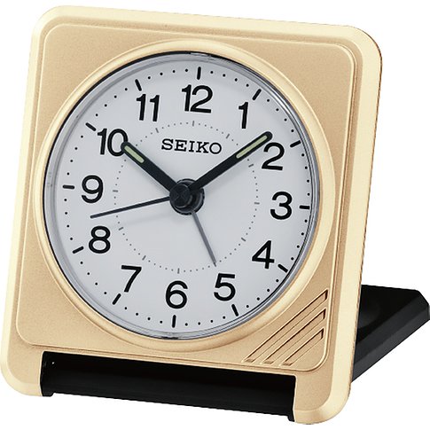 Seiko Reisewecker aus Kunststoff, analog, mit Zifferblatt und goldfarbenem Gehäuse.