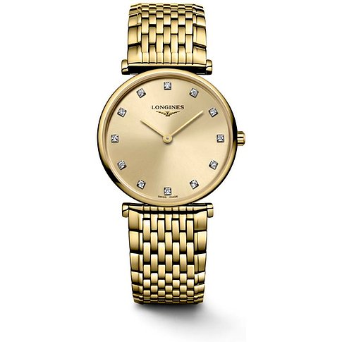 Longines Damenuhr aus Edelstahl mit Diamanten, goldfarben, analog.