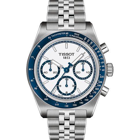Tissot Herrenuhr aus Edelstahl mit weißem Zifferblatt und blauer Lünette.