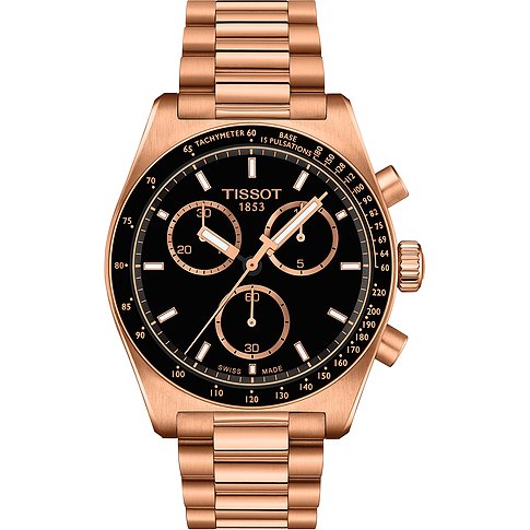 Tissot Herrenuhr mit roséfarbenem Edelstahlgehäuse, analog, Chronograph.