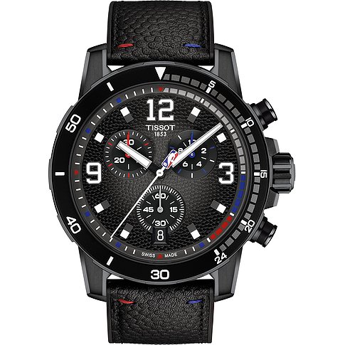 Tissot Herrenuhr mit Edelstahlgehäuse, analog, Chronograph, schwarzes Zifferblatt.