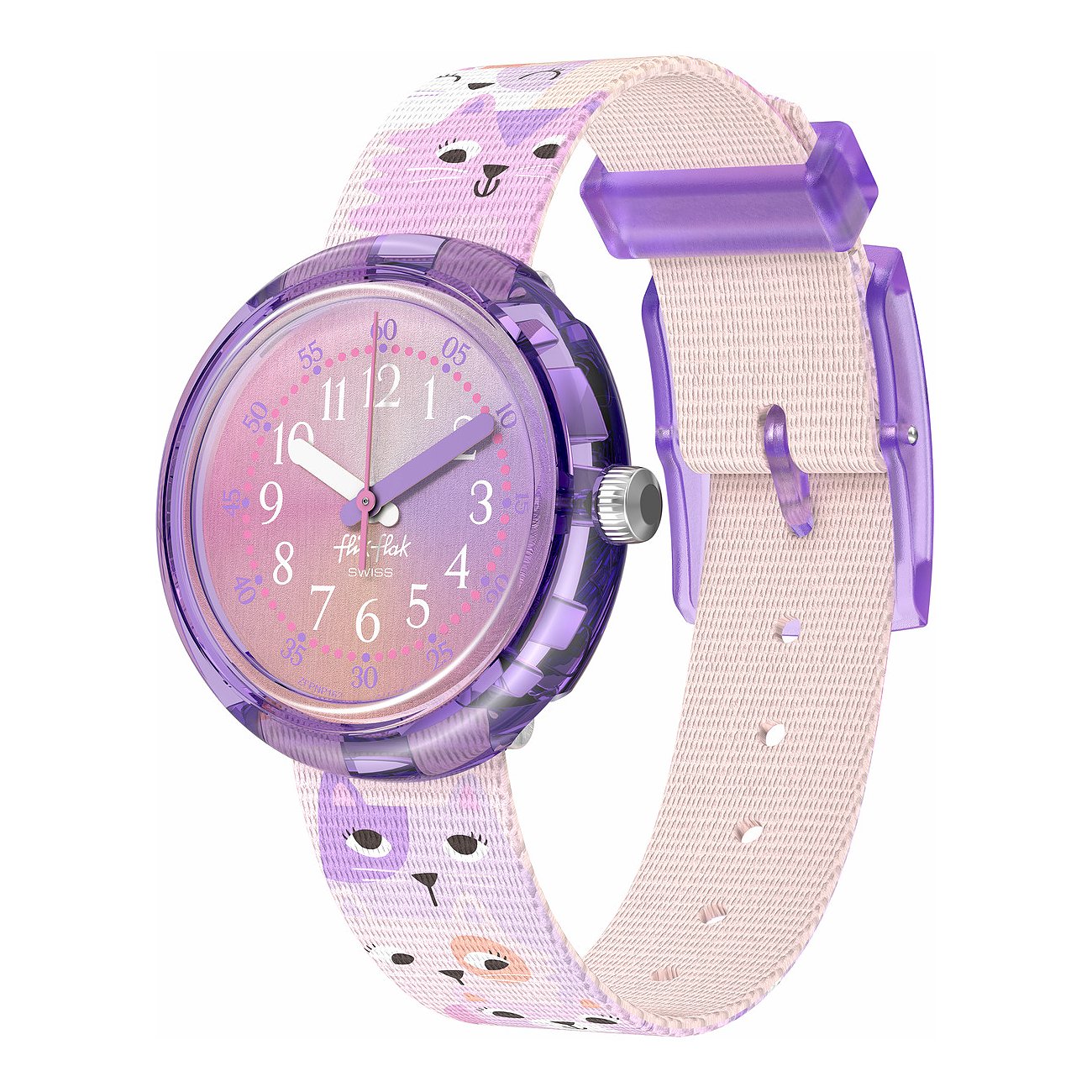 Flik Flak børneur med plastkasse, analog, pink-lilla farvegradient.