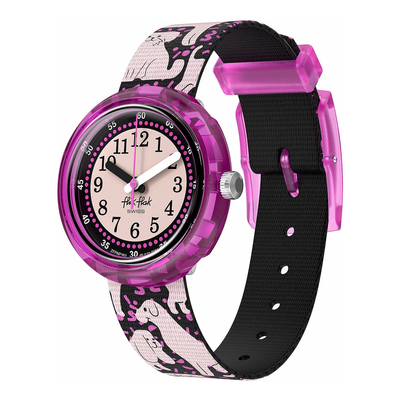 Flik Flak børneur med plastik urkasse og hundeprint på remmen.