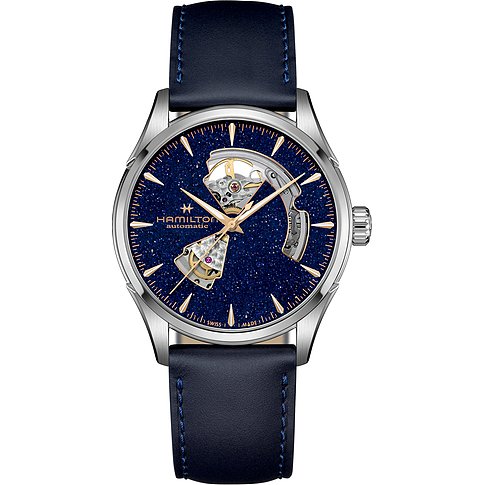 Hamilton Herrenuhr mit Edelstahlgehäuse und blauem Zifferblatt mit skelettiertem Werk.