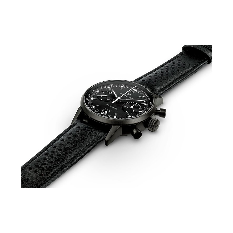 Hamilton Herrenuhr mit Edelstahlgehäuse, schwarzes Zifferblatt, analog.
