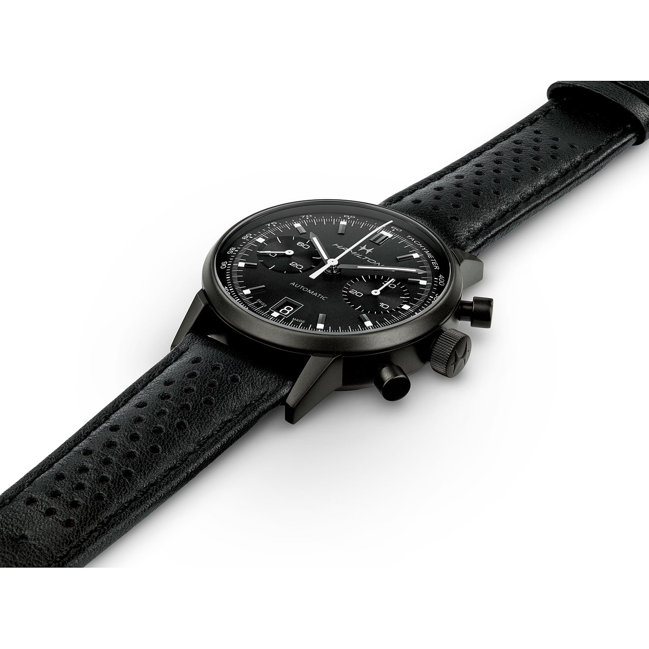 Hamilton Herrenuhr mit Edelstahlgehäuse, schwarzes Zifferblatt, analog.