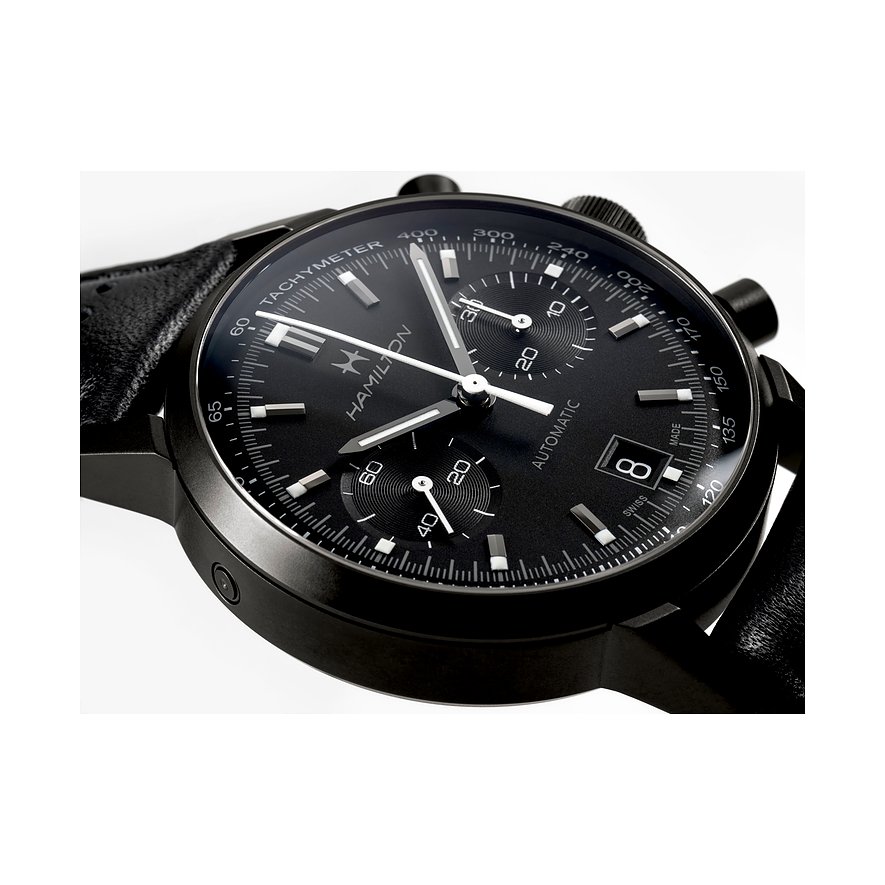 Hamilton Herrenuhr mit Edelstahlgehäuse, schwarzes Zifferblatt, analog, Chronograph.