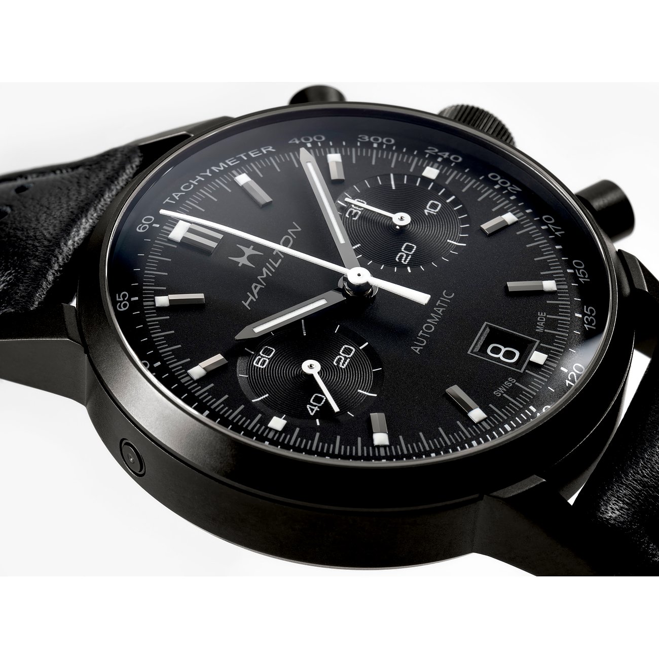 Hamilton Herrenuhr mit Edelstahlgehäuse, schwarzes Zifferblatt, analog, Chronograph.