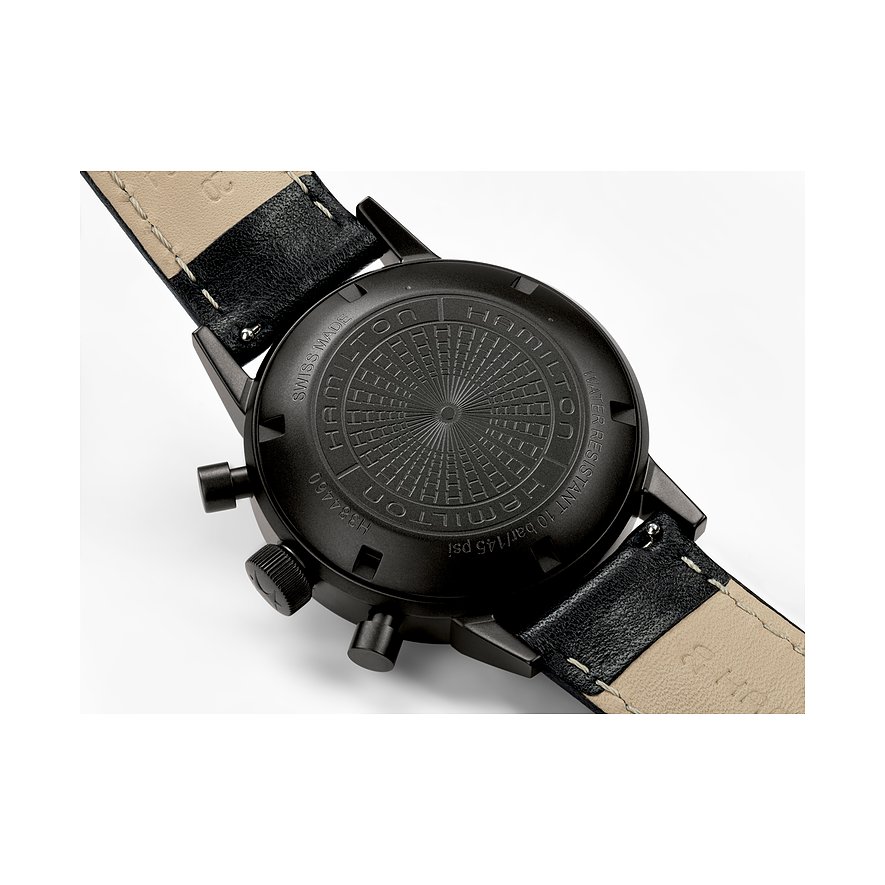 Hamilton Herrenuhr mit Edelstahlgehäuse und schwarzem Lederarmband.