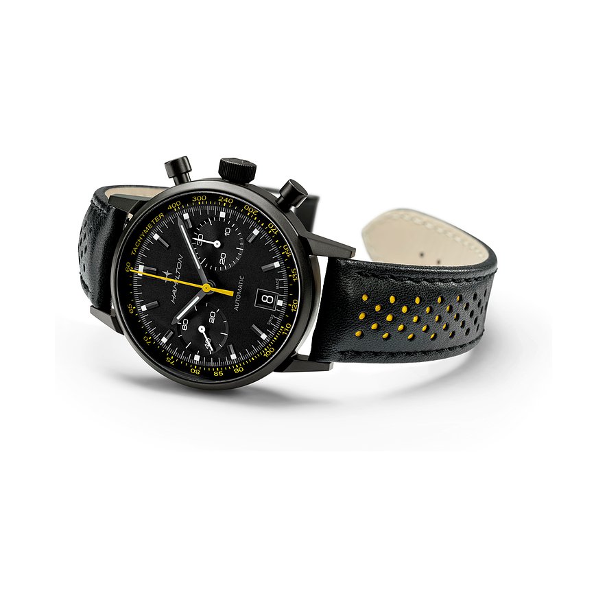 Hamilton Herrenuhr mit Edelstahlgehäuse, schwarzem Zifferblatt und gelben Akzenten.