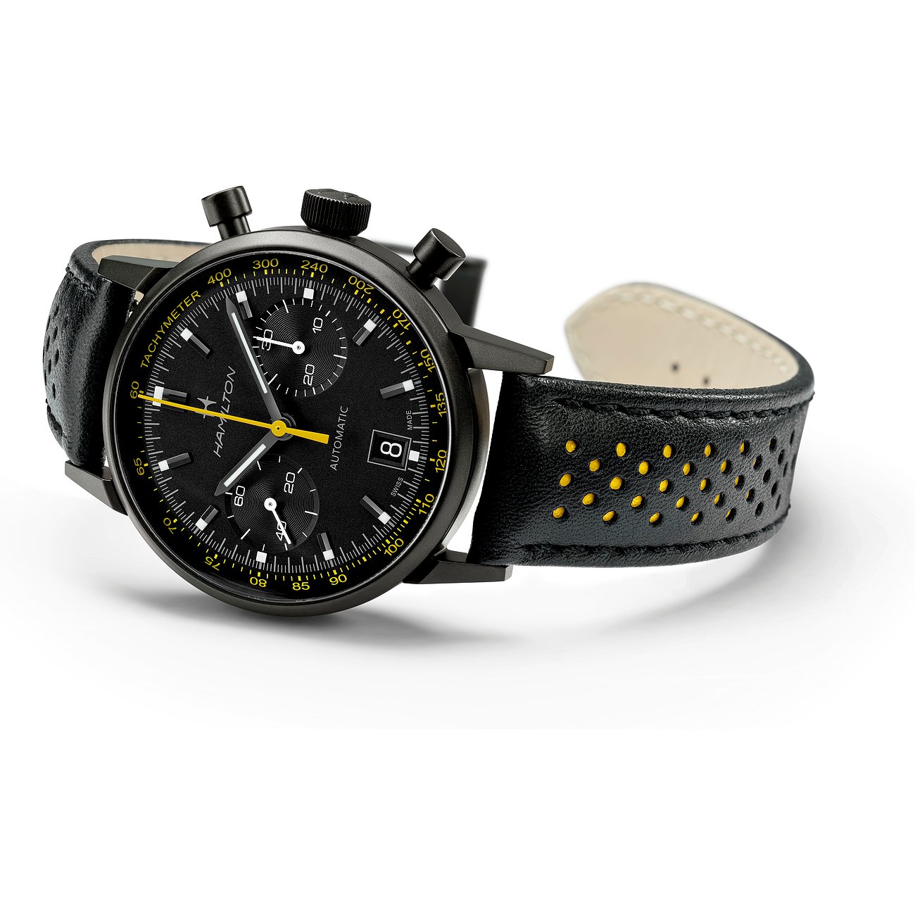 Hamilton Herrenuhr mit Edelstahlgehäuse, schwarzem Zifferblatt und gelben Akzenten.