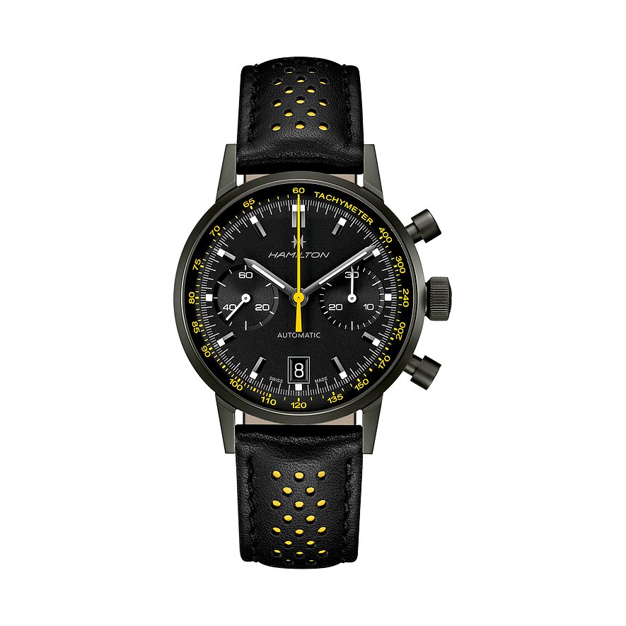 Hamilton Herrenuhr mit Edelstahlgehäuse, schwarzem Zifferblatt und gelben Akzenten.