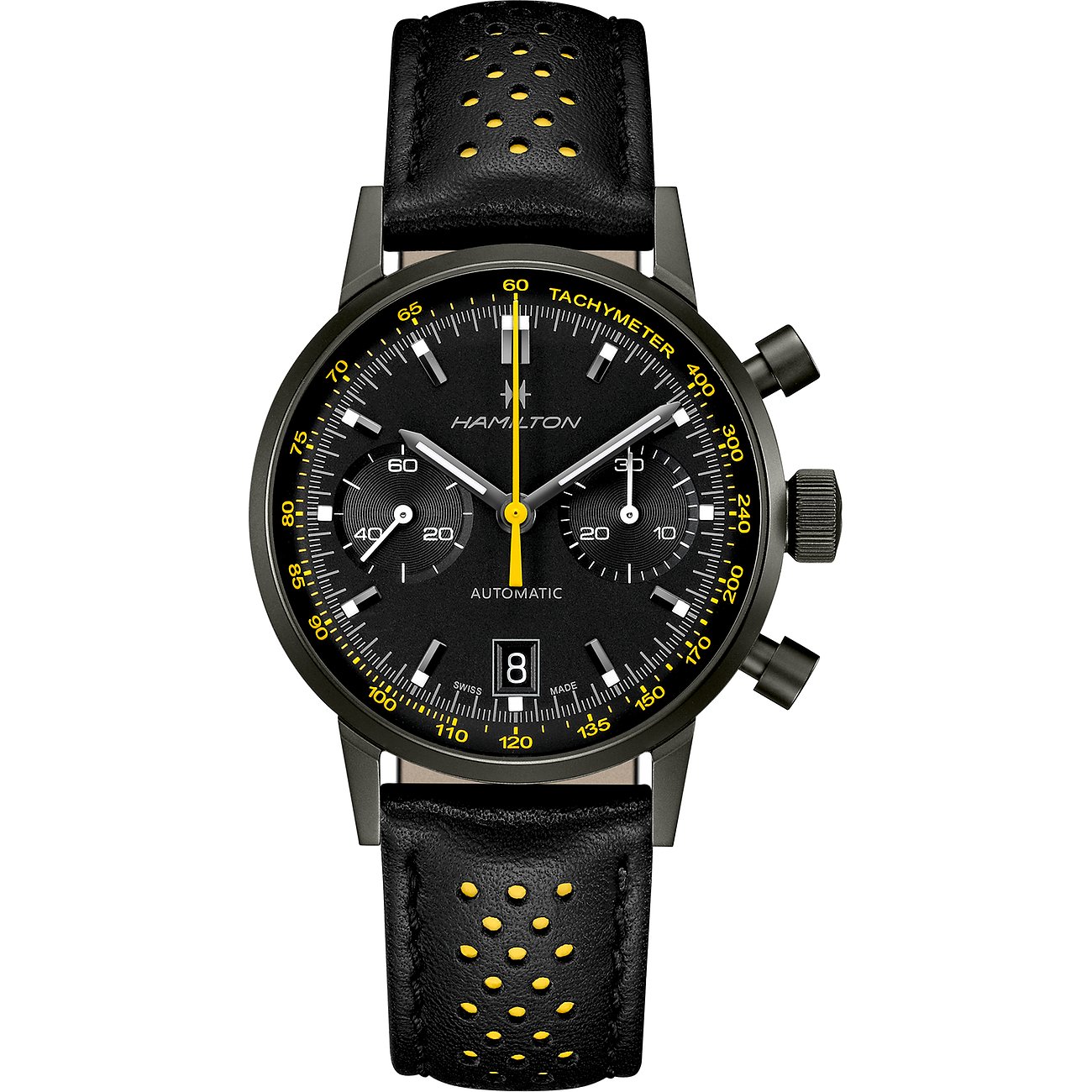 Hamilton Herrenuhr mit Edelstahlgehäuse, schwarzem Zifferblatt und gelben Akzenten.