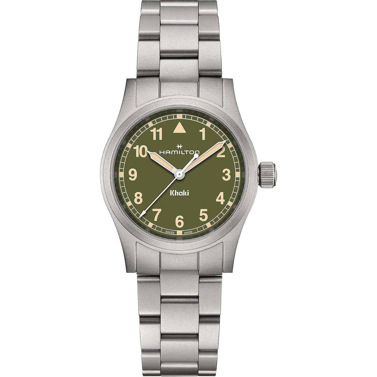 Hamilton Herrenuhr mit Edelstahlgehäuse, olivgrünem Zifferblatt und analoger Anzeige.