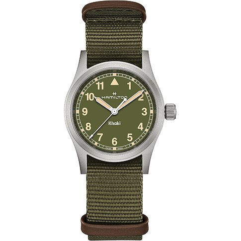 Hamilton Unisexuhr mit Edelstahlgehäuse, grünem Zifferblatt und Stoffarmband.