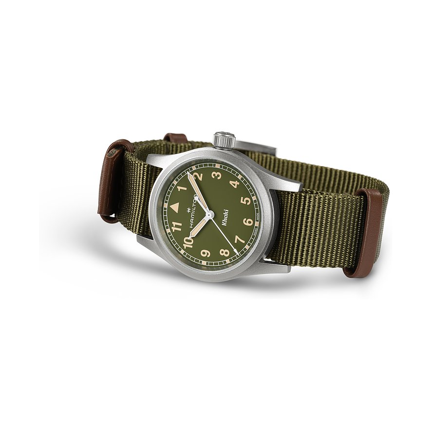 Hamilton Herrenuhr mit Edelstahlgehäuse, grünem Zifferblatt und grünem Armband.
