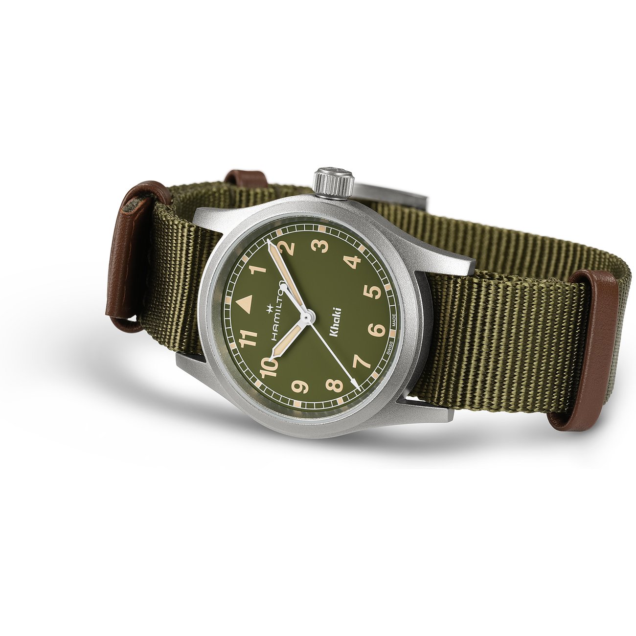 Hamilton Herrenuhr mit Edelstahlgehäuse, grünem Zifferblatt und grünem Armband.