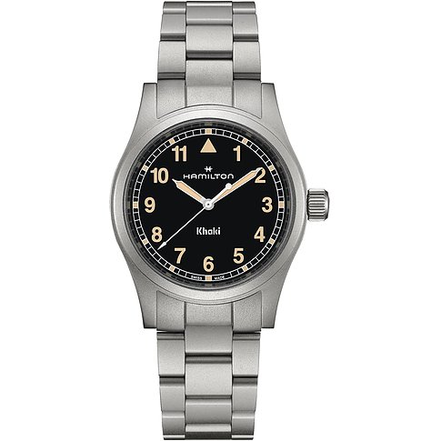 Hamilton Unisexuhr mit Edelstahlgehäuse, analog, schwarzes Zifferblatt und silberfarbenes Armband.