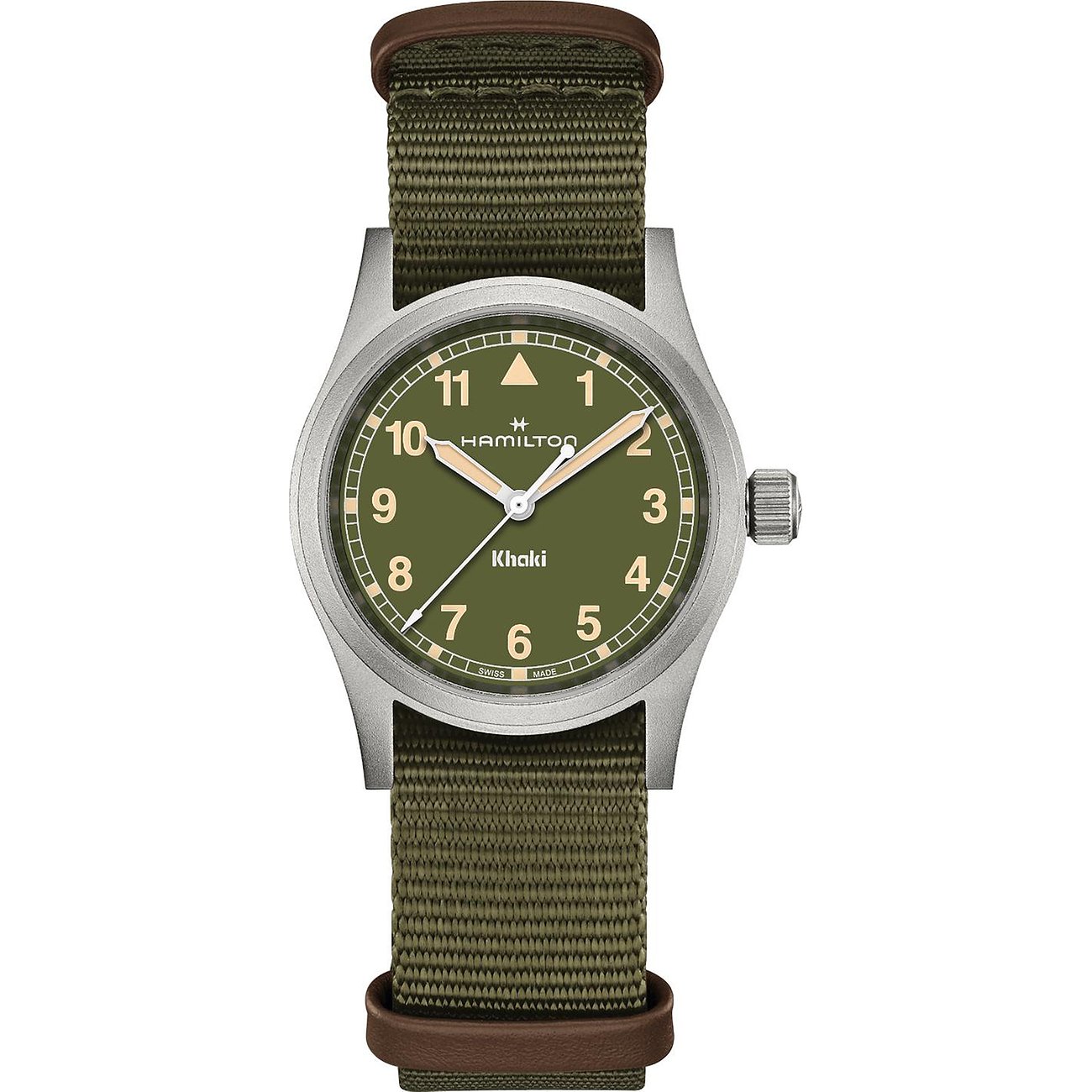 Hamilton Unisexuhr mit Edelstahlgehäuse, grünem Zifferblatt und NATO-Armband.