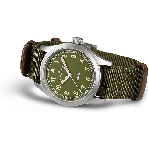 Hamilton Unisexuhr mit Edelstahlgehäuse, grünem Zifferblatt und NATO-Armband.