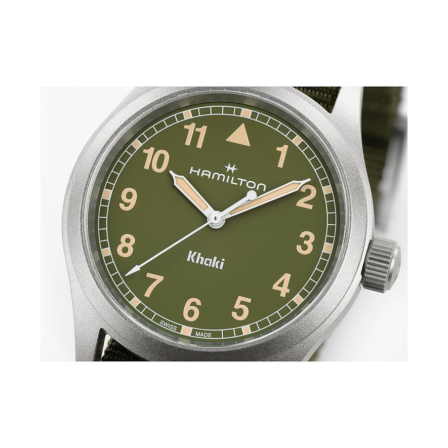 Hamilton Herrenuhr mit Edelstahlgehäuse und grünem Zifferblatt, analog.