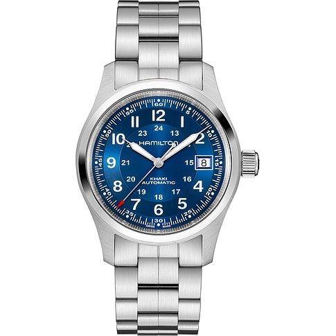 Hamilton Khaki Automatic Herrenuhr mit Edelstahlgehäuse und blauem Zifferblatt.