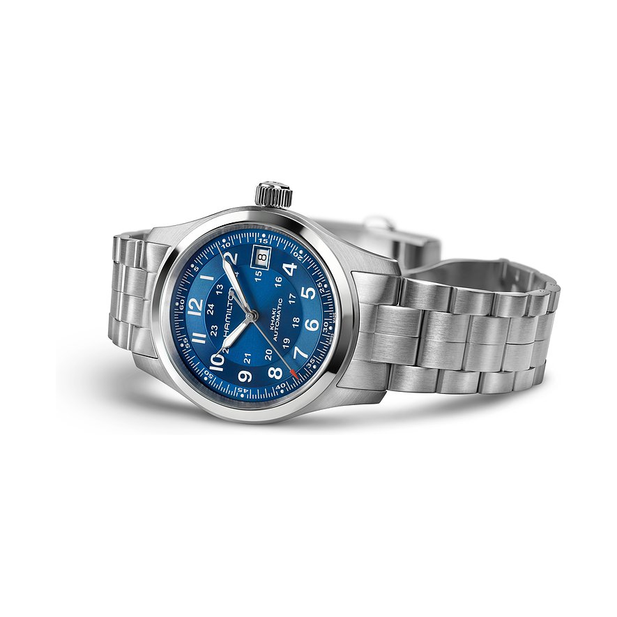 Hamilton Khaki Automatic Herrenuhr mit Edelstahlgehäuse und blauem Zifferblatt.