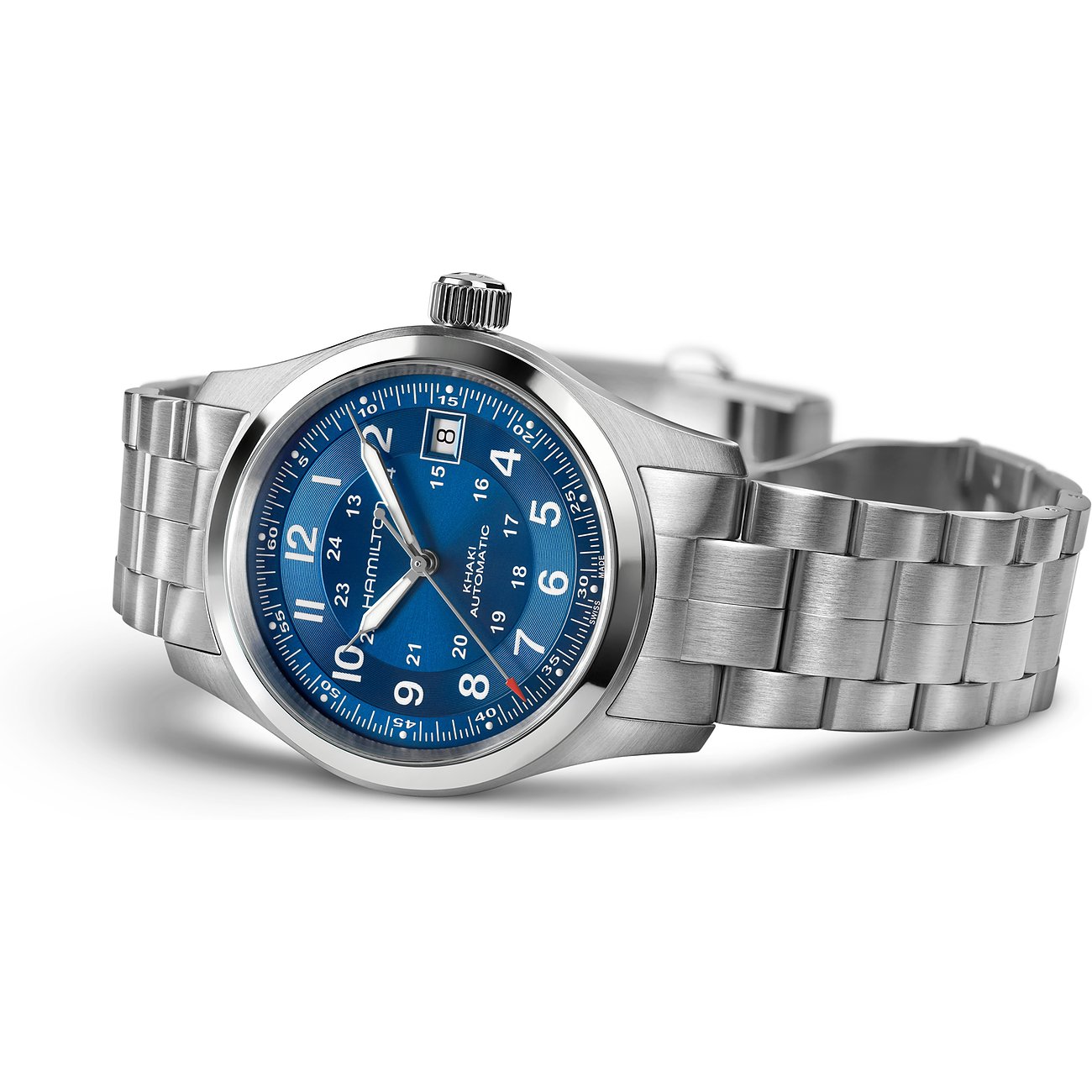Hamilton Khaki Automatic Herrenuhr mit Edelstahlgehäuse und blauem Zifferblatt.