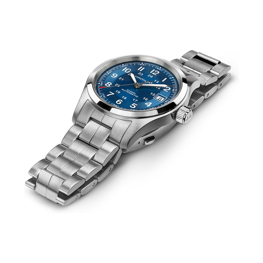 Hamilton Herrenuhr mit Edelstahlgehäuse, blauem Zifferblatt und Automatik-Werk.