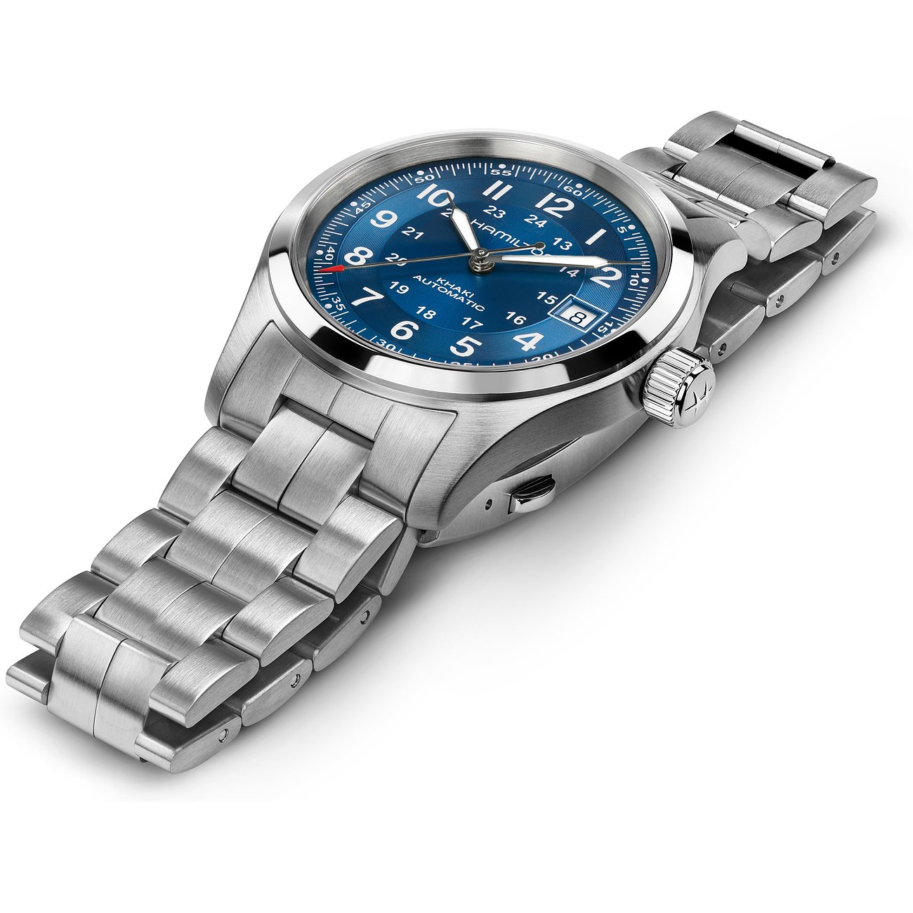 Hamilton Herrenuhr mit Edelstahlgehäuse, blauem Zifferblatt und Automatik-Werk.
