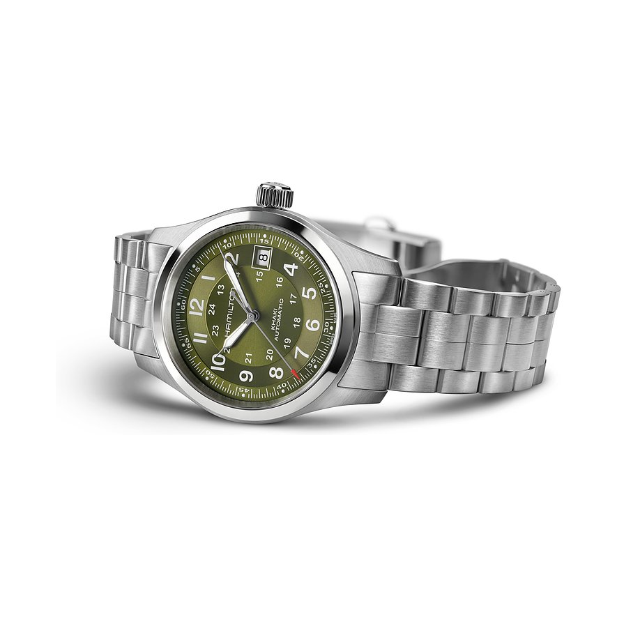 Hamilton Khaki Automatic Herrenuhr mit Edelstahlgehäuse und grünem Zifferblatt.
