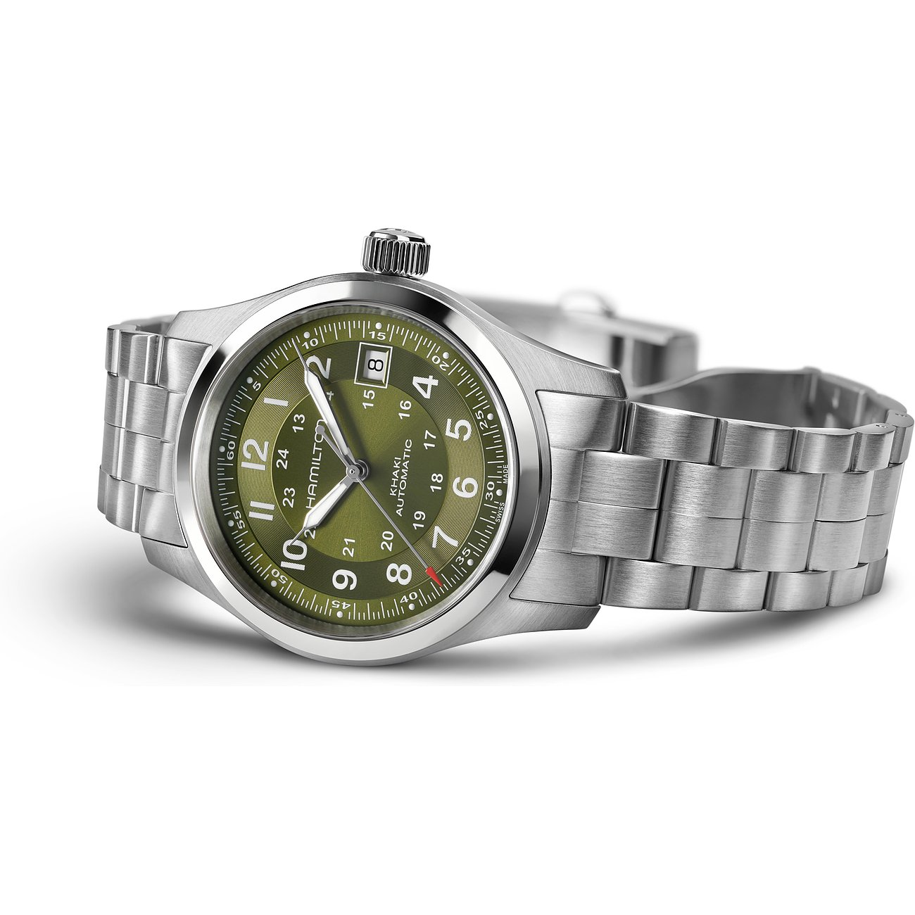 Hamilton Khaki Automatic Herrenuhr mit Edelstahlgehäuse und grünem Zifferblatt.