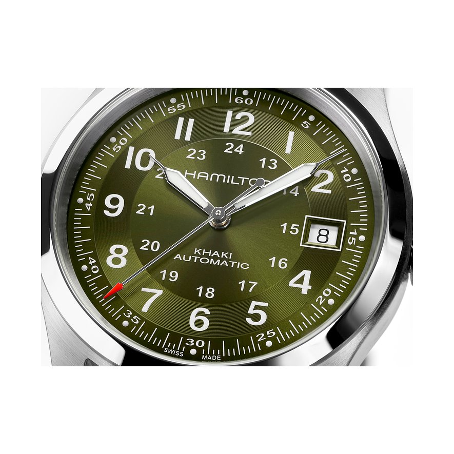 Hamilton Khaki Automatic Unisexuhr mit Edelstahlgehäuse und grünem Zifferblatt.